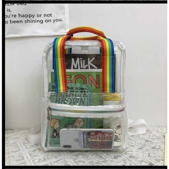 Clear PVC Backpack Rainbow Straps Adjustable & Zipper Pockets 9.5 "x12.6 "x 5.1" - Picture 5 of 9
